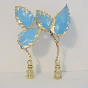 Tall Vintage Italian Tole Leaf Lamp Finials. Gold Leaf Patina, Sky Blue, a pair